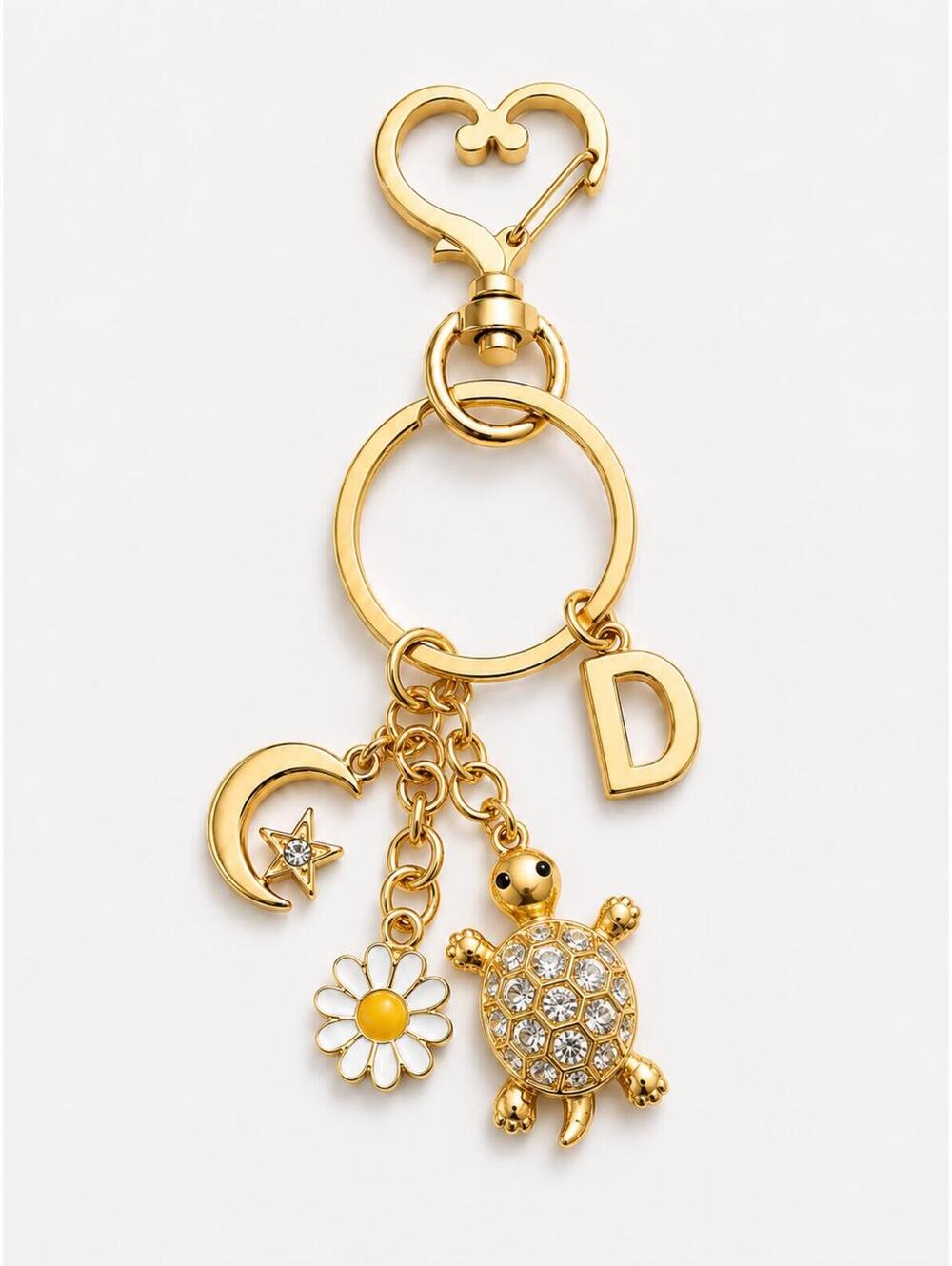 Gold Letter D Charm Keychain with Turtle, Daisy, and‎ Crescent Moon Charms